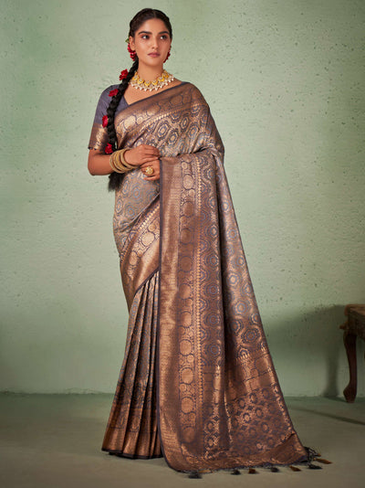 Liver Slate Grey Gold zari with Bandhej Bandhani Raw Silk Saree