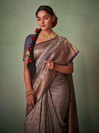 Liver Slate Grey Gold zari with Bandhej Bandhani Raw Silk Saree