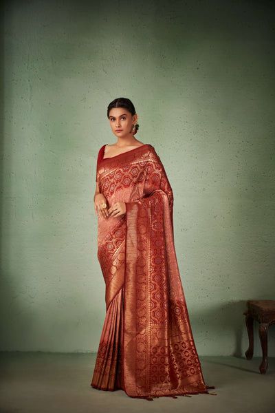 Rosewood Pinkish Cream Gold zari with Bandhej Bandhani Raw Silk Saree