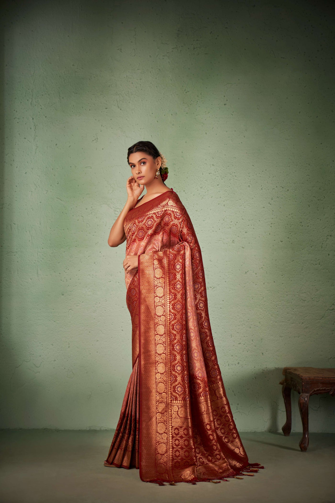 Rosewood Pinkish Cream Gold zari with Bandhej Bandhani Raw Silk Saree