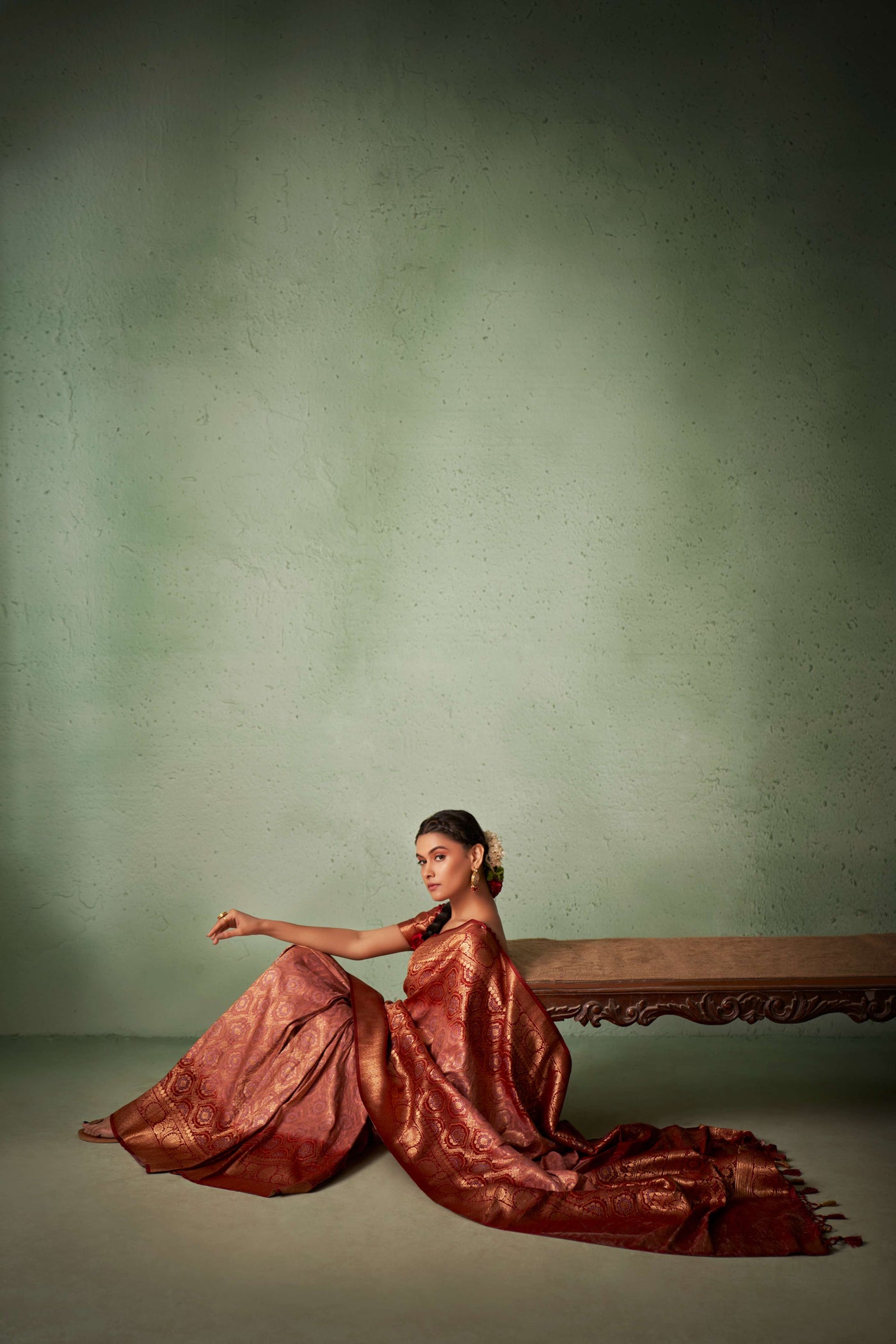 Rosewood Pinkish Cream Gold zari with Bandhej Bandhani Raw Silk Saree