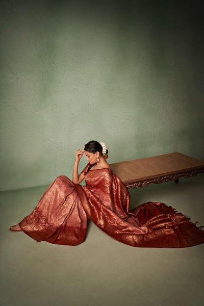 Rosewood Pinkish Cream Gold zari with Bandhej Bandhani Raw Silk Saree