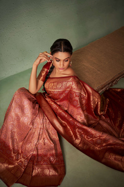 Rosewood Pinkish Cream Gold zari with Bandhej Bandhani Raw Silk Saree
