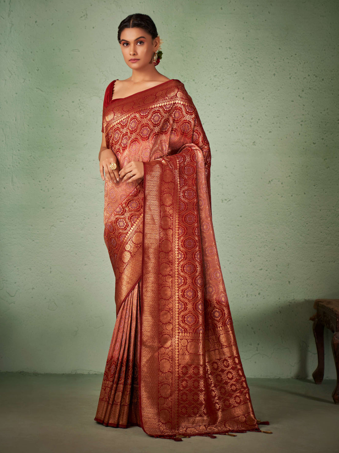 Rosewood Pinkish Cream Gold zari with Bandhej Bandhani Raw Silk Saree