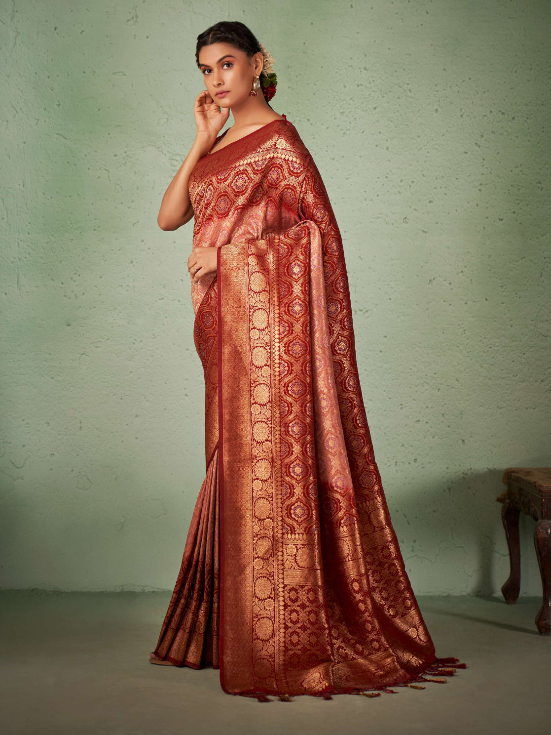 Rosewood Pinkish Cream Gold zari with Bandhej Bandhani Raw Silk Saree