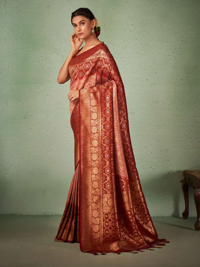 Rosewood Pinkish Cream Gold zari with Bandhej Bandhani Raw Silk Saree
