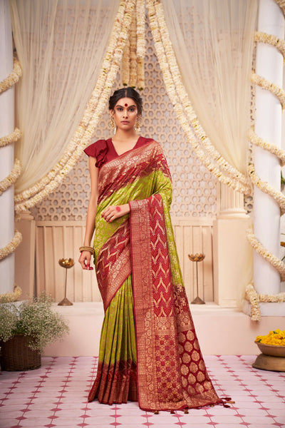 Blood Red Green Gold zari with Bandhej Bandhani Raw Silk Saree