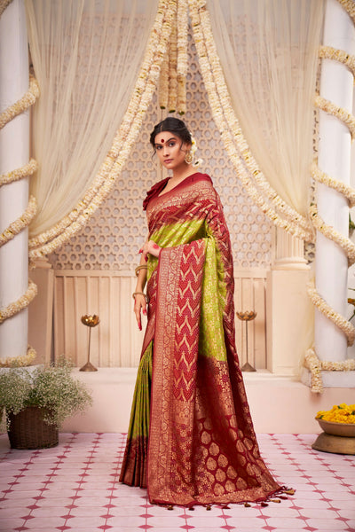 Blood Red Green Gold zari with Bandhej Bandhani Raw Silk Saree