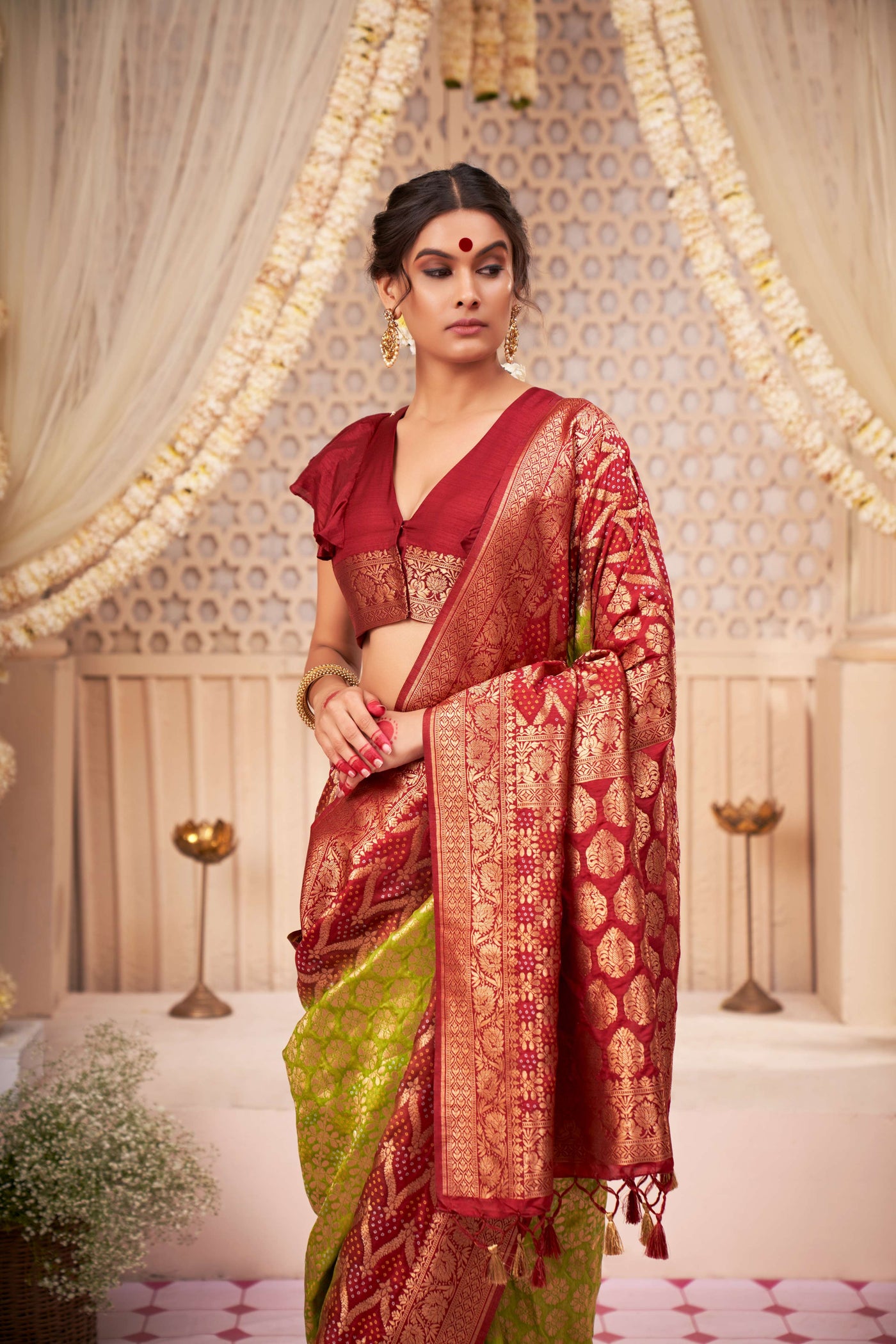 Blood Red Green Gold zari with Bandhej Bandhani Raw Silk Saree