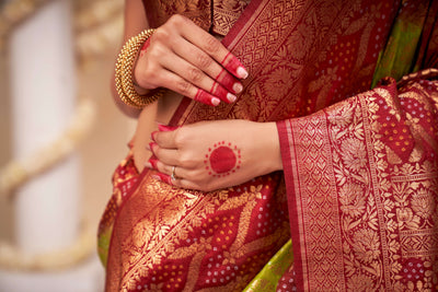 Blood Red Green Gold zari with Bandhej Bandhani Raw Silk Saree