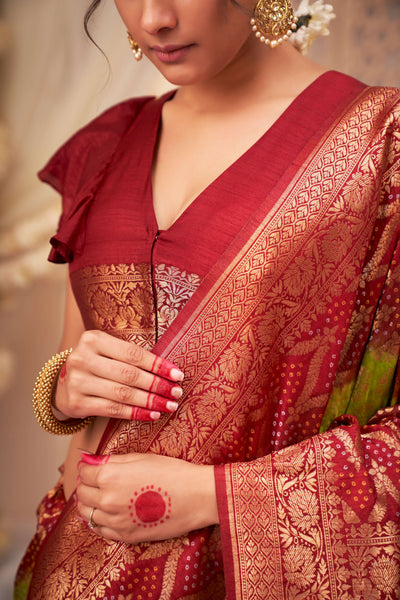 Blood Red Green Gold zari with Bandhej Bandhani Raw Silk Saree