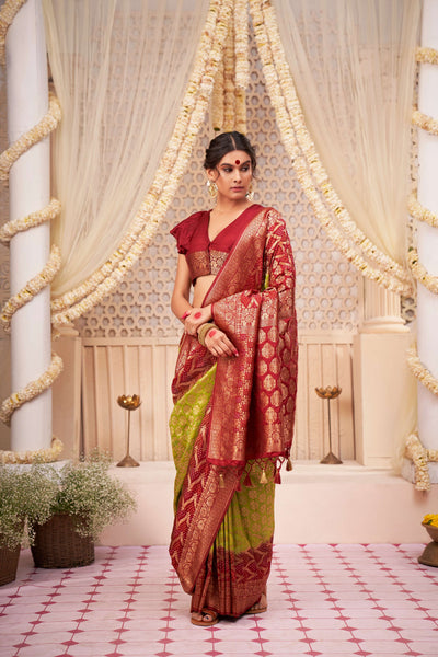 Blood Red Green Gold zari with Bandhej Bandhani Raw Silk Saree