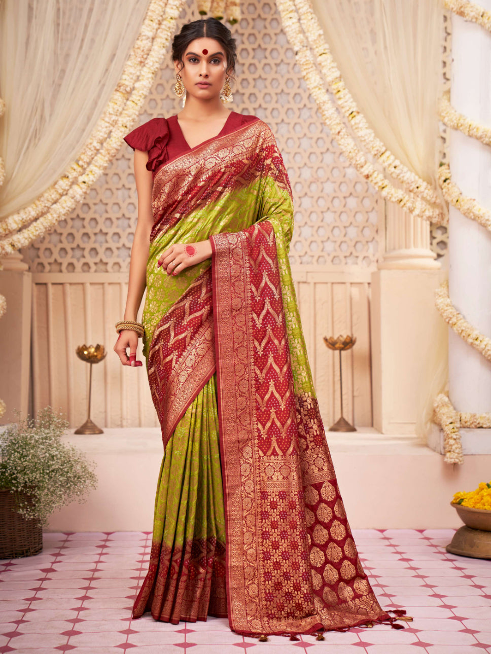 Blood Red Green Gold zari with Bandhej Bandhani Raw Silk Saree