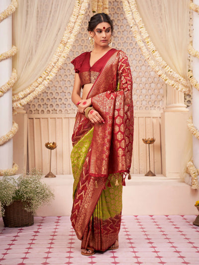 Blood Red Green Gold zari with Bandhej Bandhani Raw Silk Saree