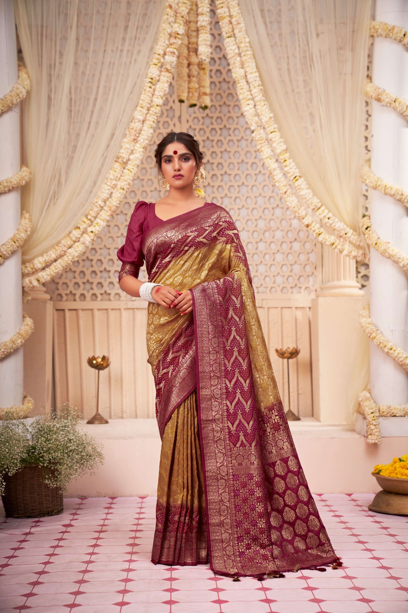 Pear Rouge Gold zari with Bandhej Bandhani Raw Silk Saree |  House of Vardha