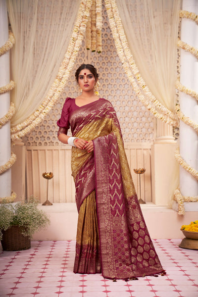 Pear Rouge Gold zari with Bandhej Bandhani Raw Silk Saree |  House of Vardha