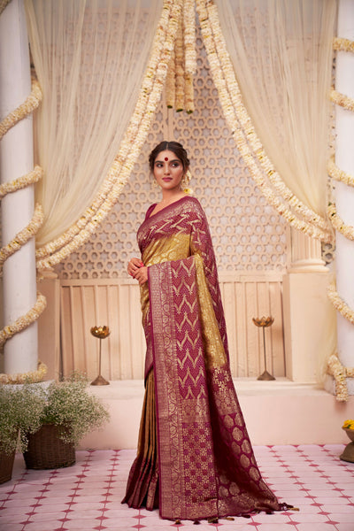 Pear Rouge Gold zari with Bandhej Bandhani Raw Silk Saree |  House of Vardha