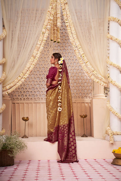 Pear Rouge Gold zari with Bandhej Bandhani Raw Silk Saree |  House of Vardha