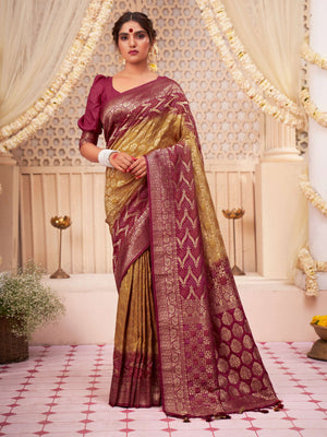 Pear Rouge Gold zari with Bandhej Bandhani Raw Silk Saree |  House of Vardha