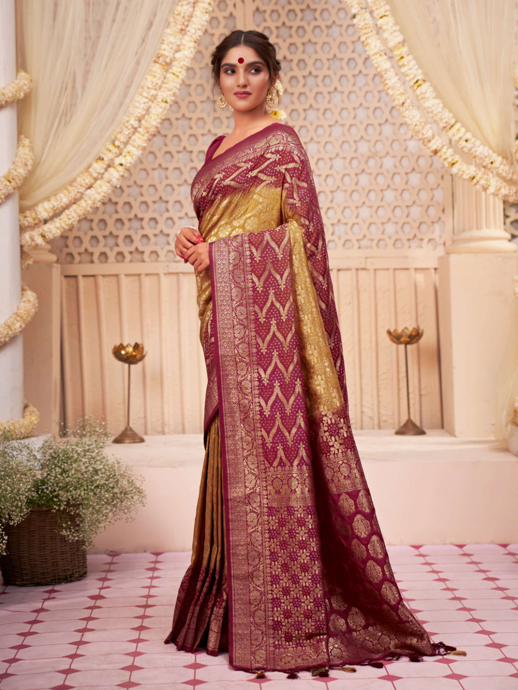 Pear Rouge Gold zari with Bandhej Bandhani Raw Silk Saree |  House of Vardha