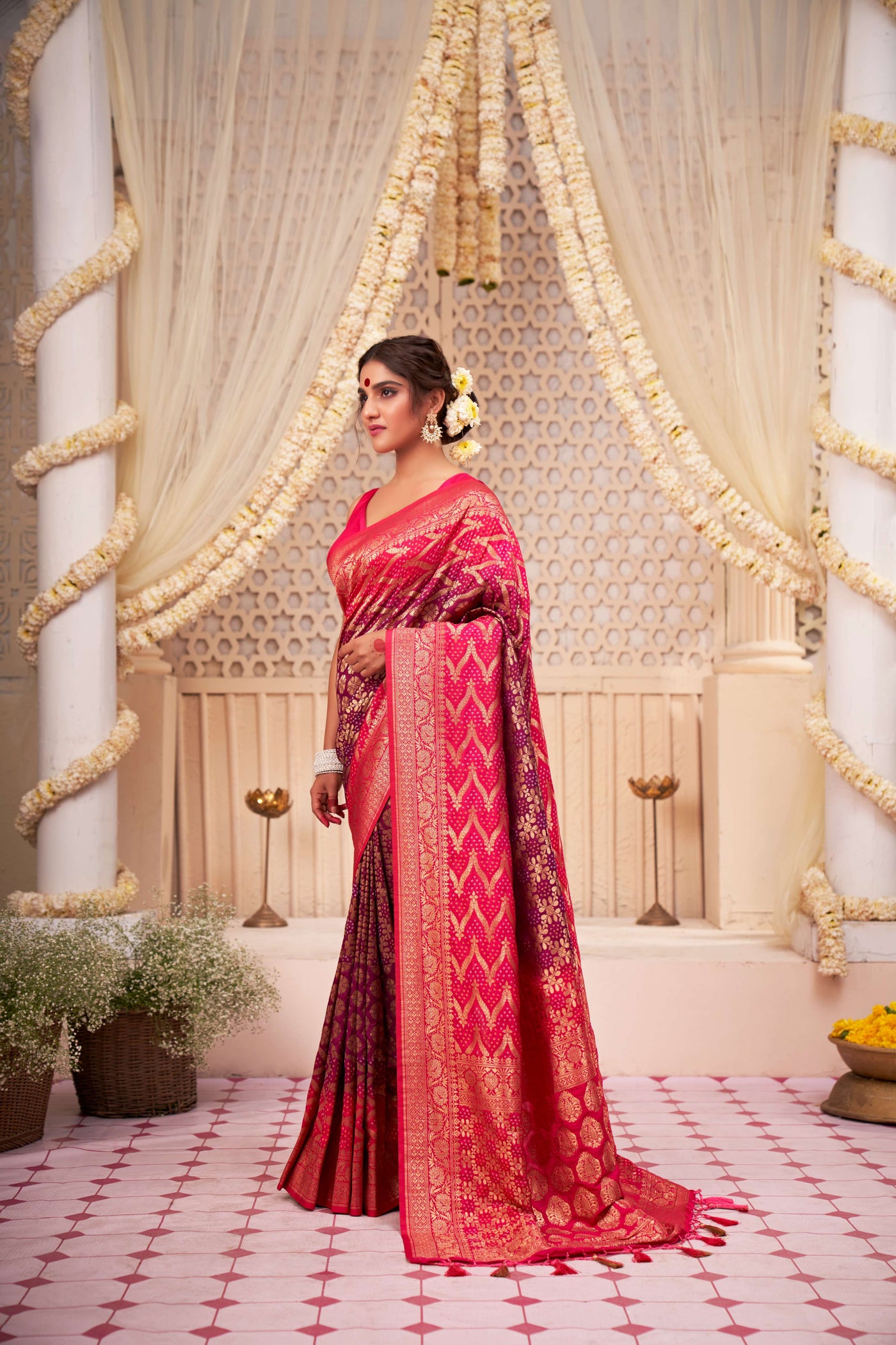 Wild Strawberry-Byzantium Gold zari with Bandhej Bandhani Raw Silk Saree for Bidaai Ceremony | House of Vardha