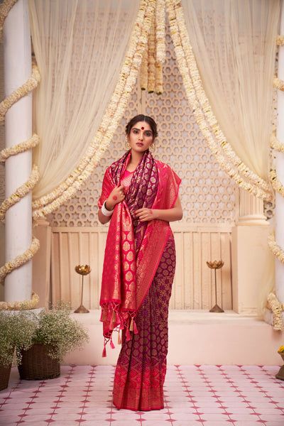 Wild Strawberry-Byzantium Gold zari with Bandhej Bandhani Raw Silk Saree for Bidaai Ceremony | House of Vardha