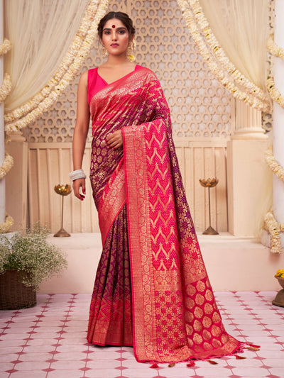 Wild Strawberry-Byzantium Gold zari with Bandhej Bandhani Raw Silk Saree for Bidaai Ceremony | House of Vardha