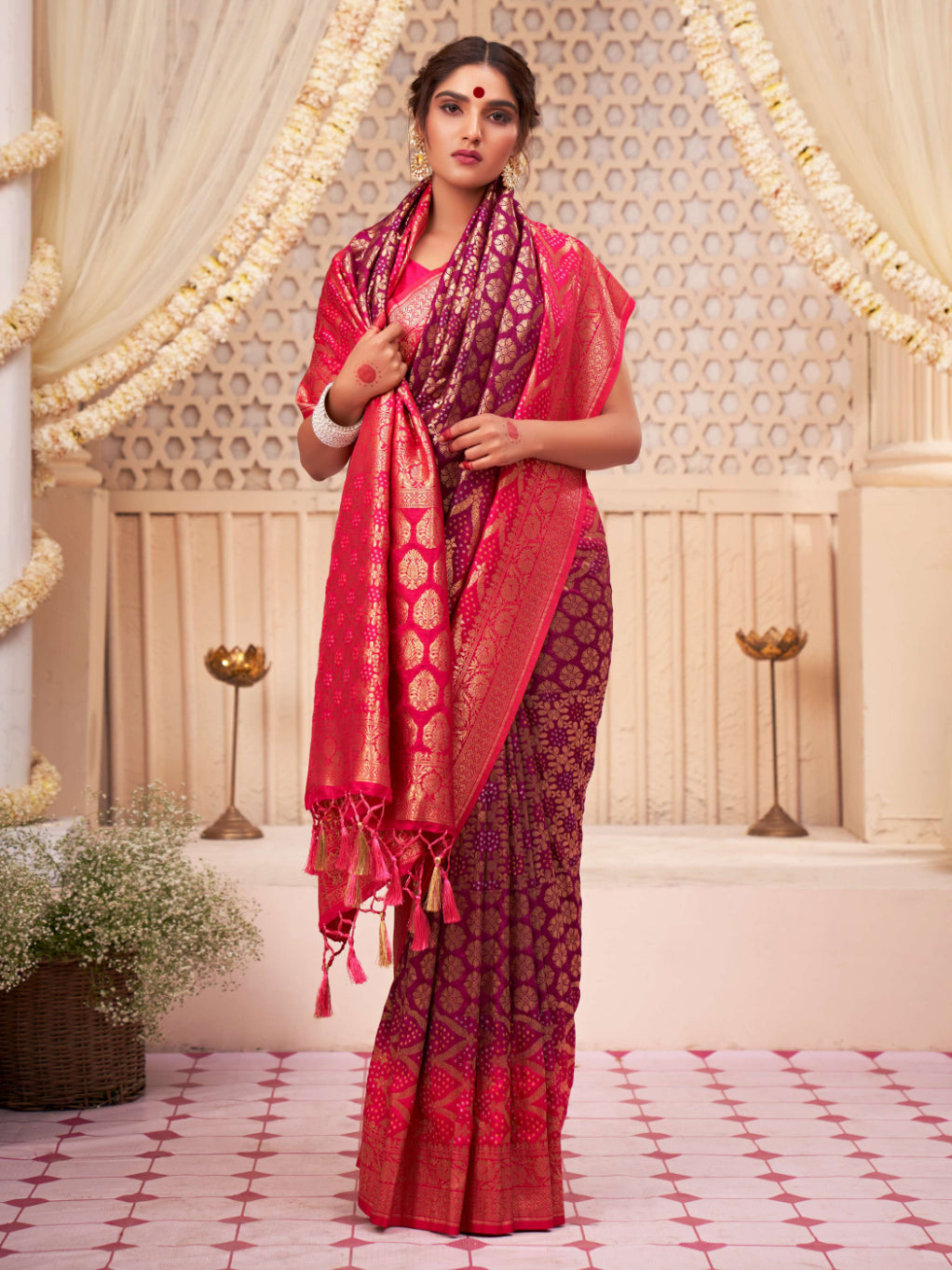 Wild Strawberry-Byzantium Gold zari with Bandhej Bandhani Raw Silk Saree for Bidaai Ceremony | House of Vardha