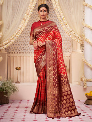 Ruby Red Oxblood Maroon Gold zari with Bandhej Bandhani Raw Silk Saree for Bidaai Ceremony | House of Vardha