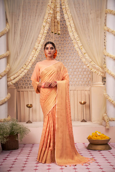 Atomic Tangerine Orange Gold Zari  Banarasi Khaddi Georgette Saree | House of Vardha