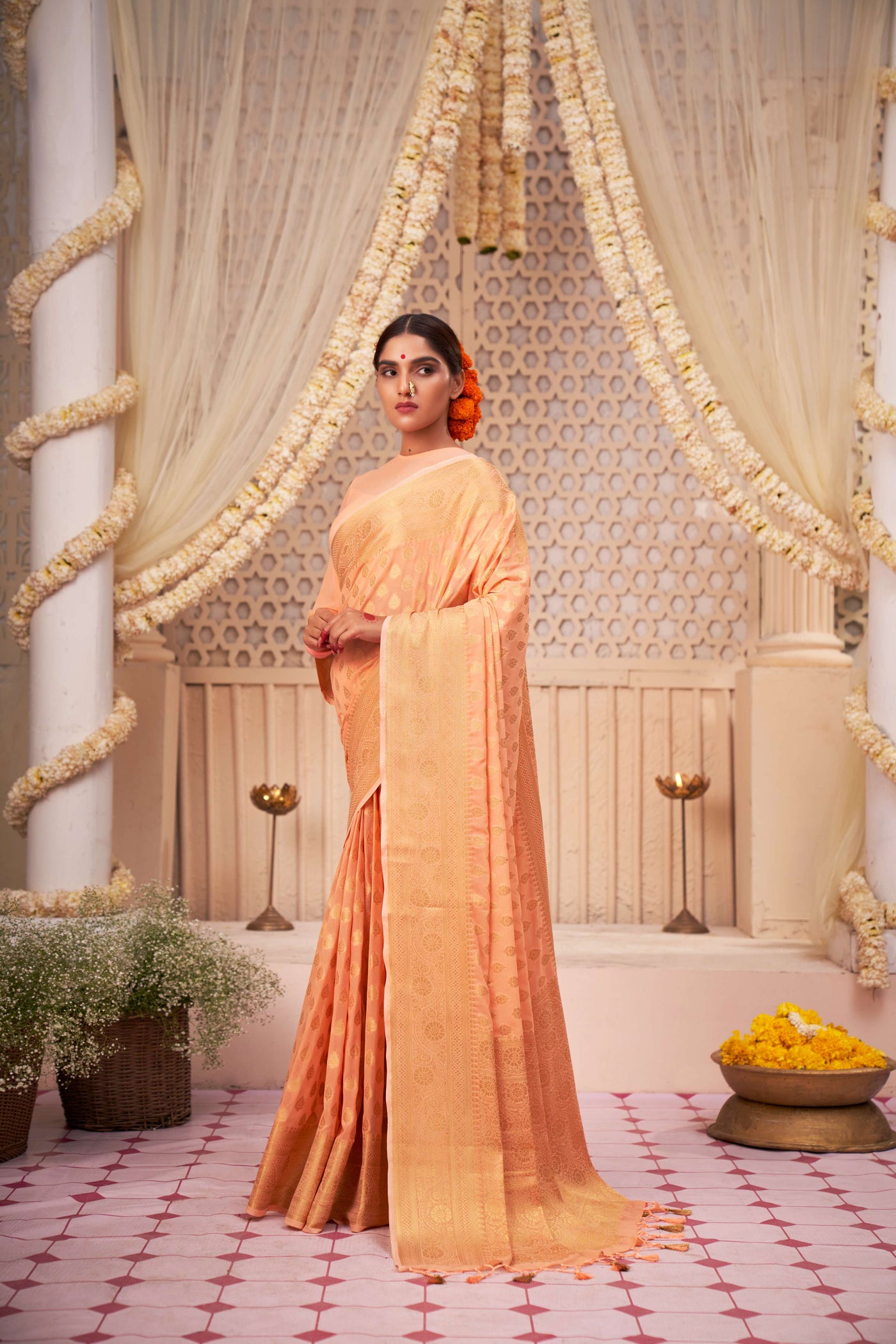 Atomic Tangerine Orange Gold Zari  Banarasi Khaddi Georgette Saree | House of Vardha