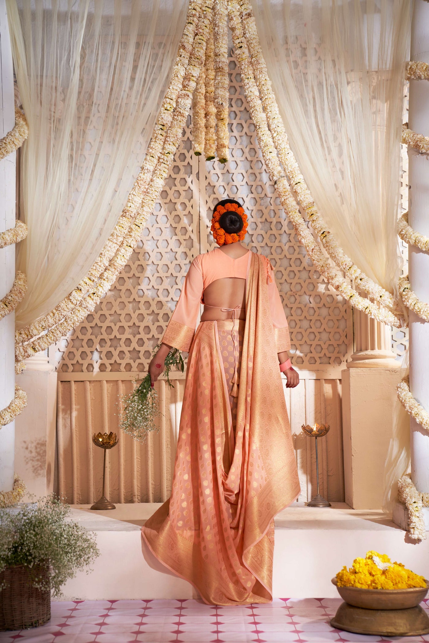 Atomic Tangerine Orange Gold Zari  Banarasi Khaddi Georgette Saree | House of Vardha