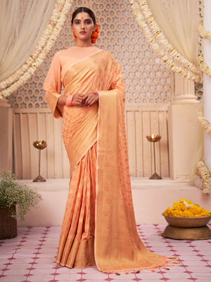 Atomic Tangerine Orange Gold Zari Khaddi Banarasi Georgette Saree | House of Vardha