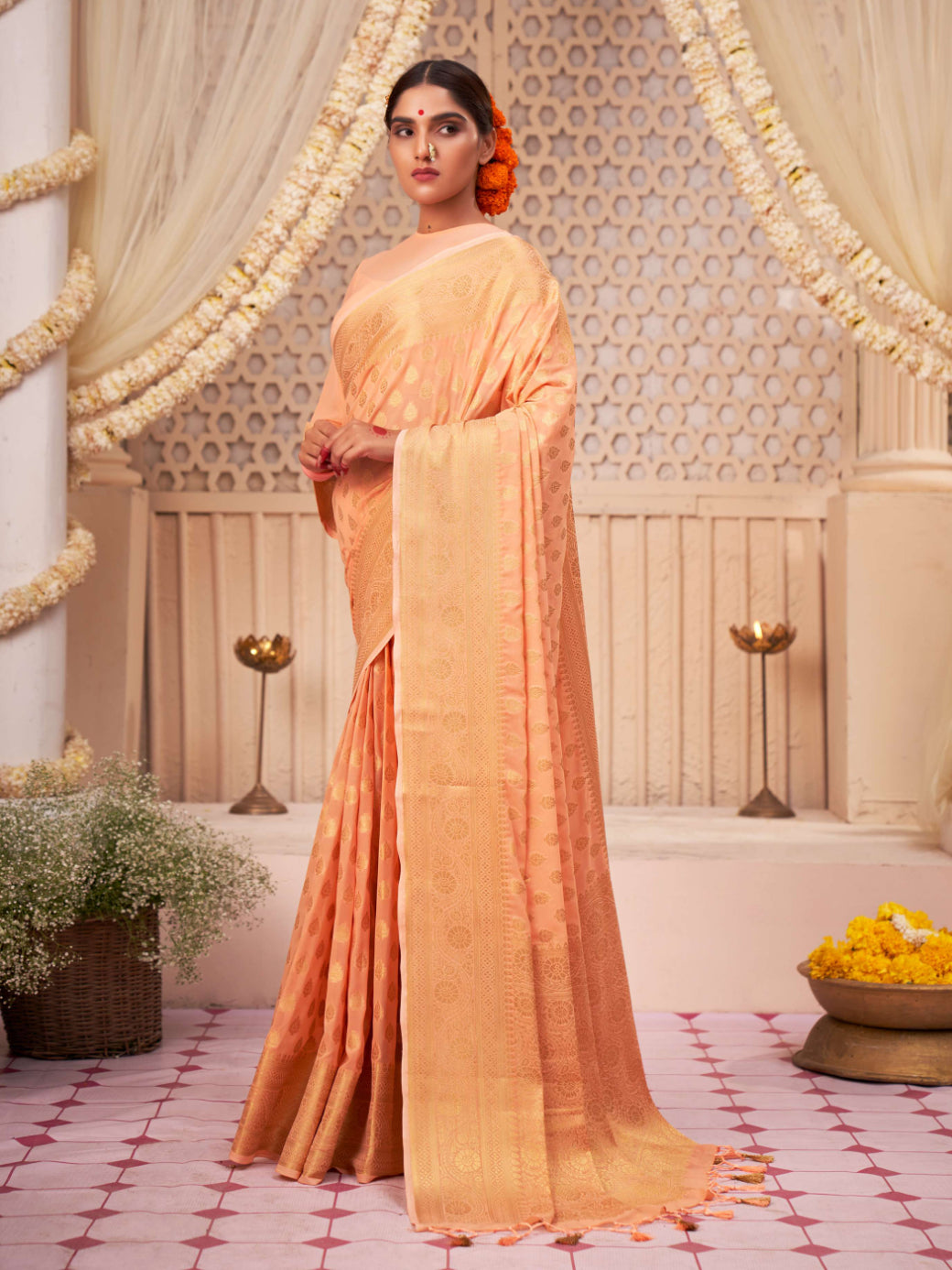 Atomic Tangerine Orange Gold Zari Khaddi Banarasi Georgette Saree | House of Vardha