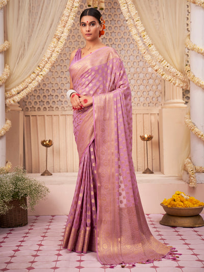 African Violet Gold Zari Georgette Viscose Saree