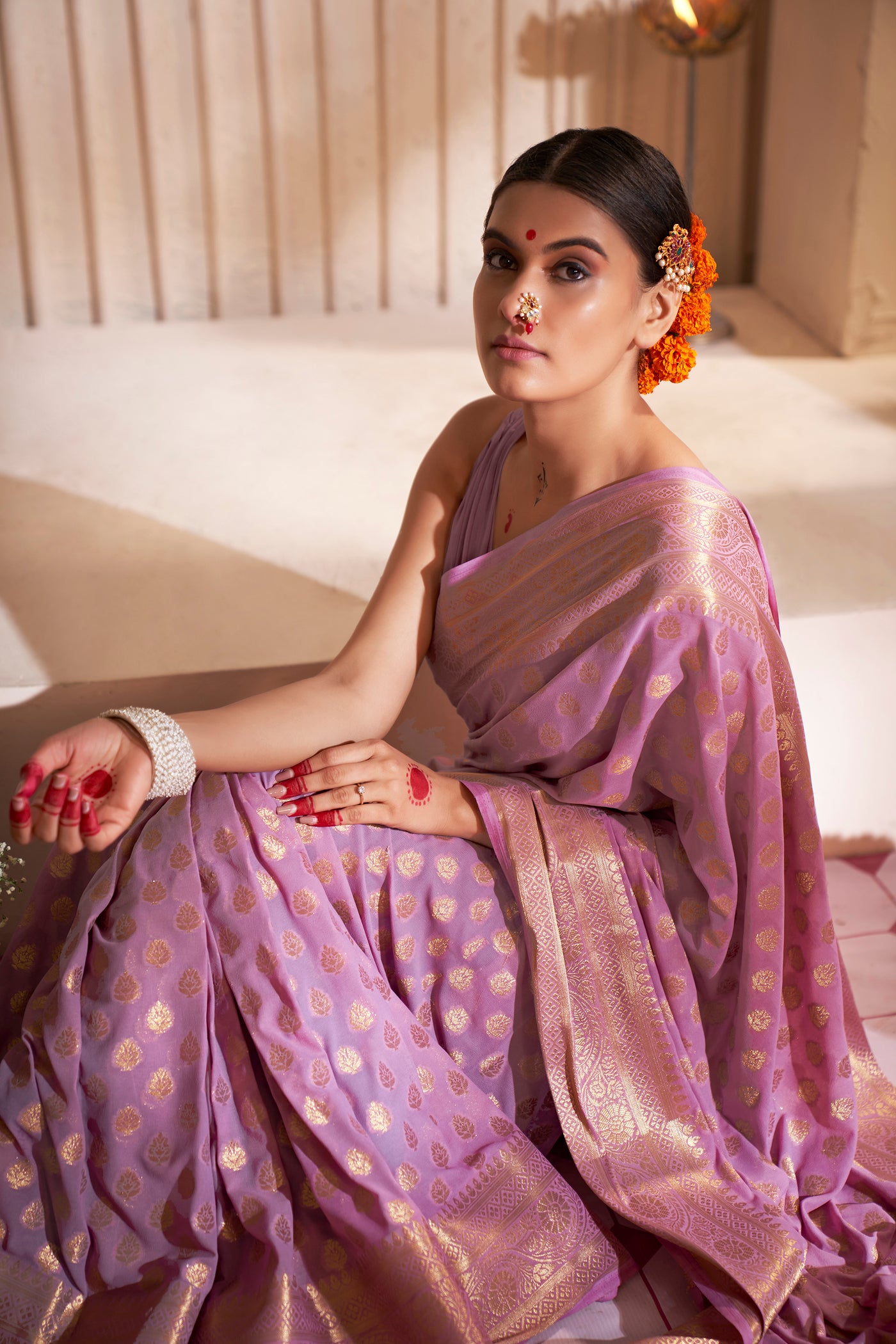 African Violet Gold Zari Georgette Viscose Saree