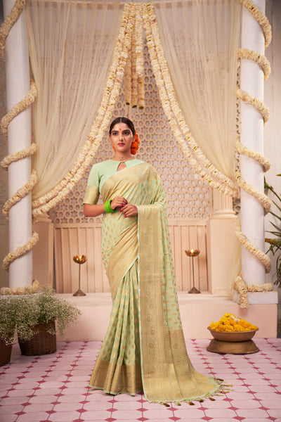 Moss Green Gold Zari Viscose Georgette Saree | House of Vardha