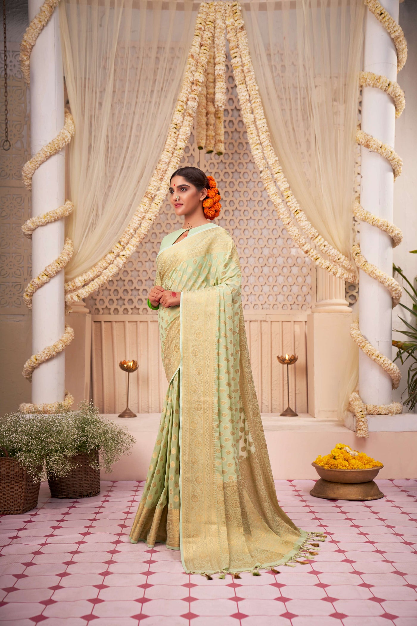 Moss Green Gold Zari Viscose Georgette Saree | House of Vardha