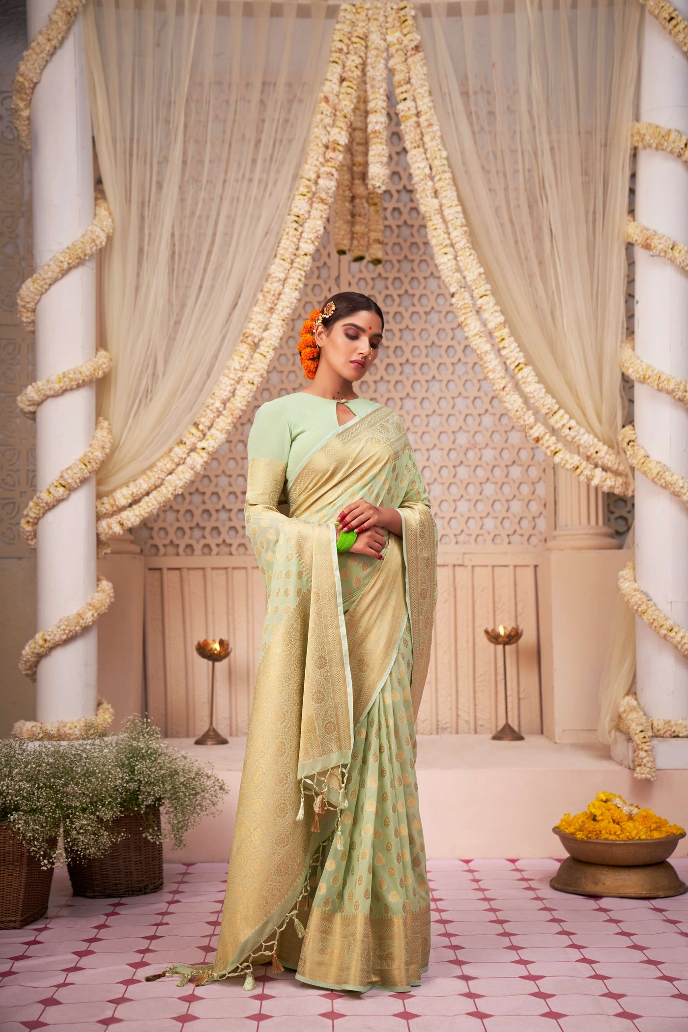 Moss Green Gold Zari Viscose Georgette Saree | House of Vardha