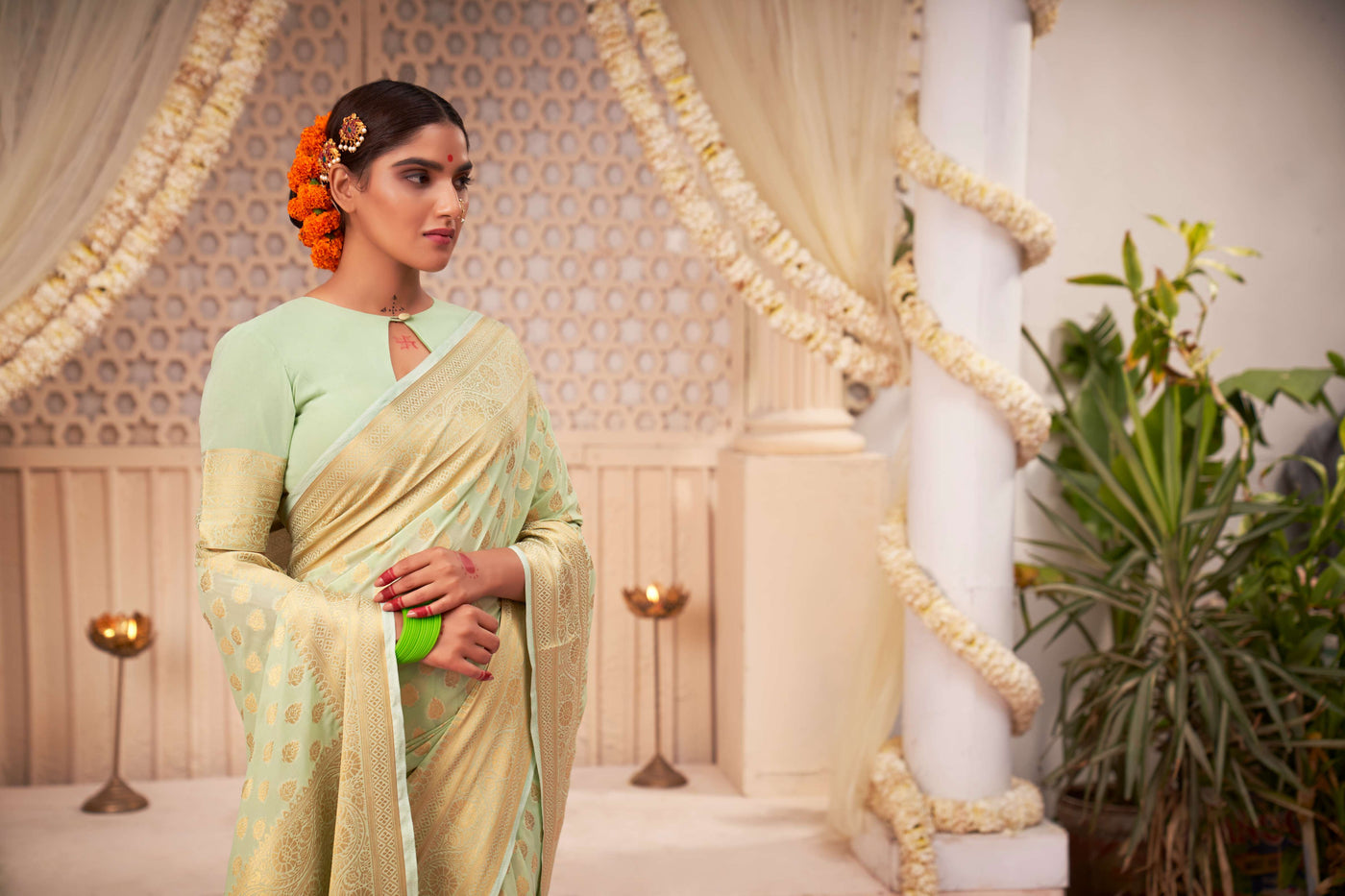 Moss Green Gold Zari Viscose Georgette Saree | House of Vardha