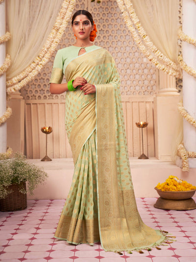Moss Green Gold Zari Viscose Georgette Saree | House of Vardha