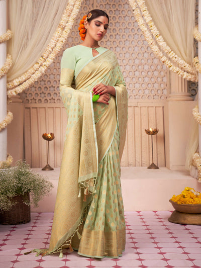 Moss Green Gold Zari Viscose Georgette Saree | House of Vardha