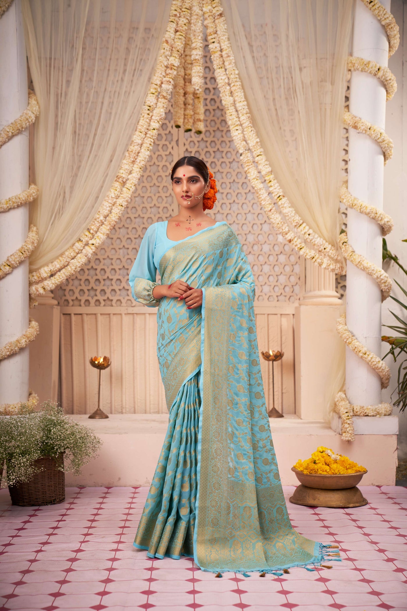 Light Blue Gold Zari Banarasi Khaddi Georgette Saree | House of Vardha