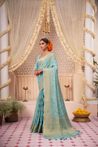 Light Blue Gold Zari Banarasi Khaddi Georgette Saree | House of Vardha