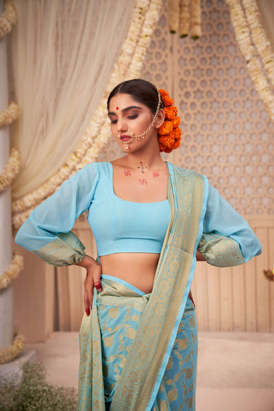 Light Blue Gold Zari Banarasi Khaddi Georgette Saree | House of Vardha