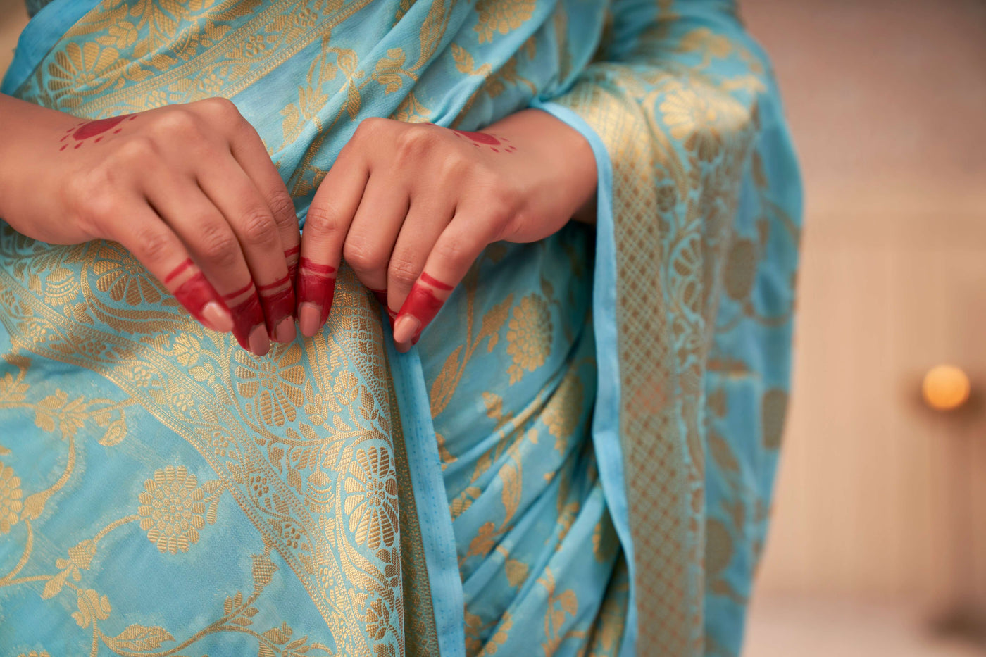 Light Blue Gold Zari Banarasi Khaddi Georgette Saree | House of Vardha