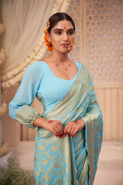 Light Blue Gold Zari Banarasi Khaddi Georgette Saree | House of Vardha