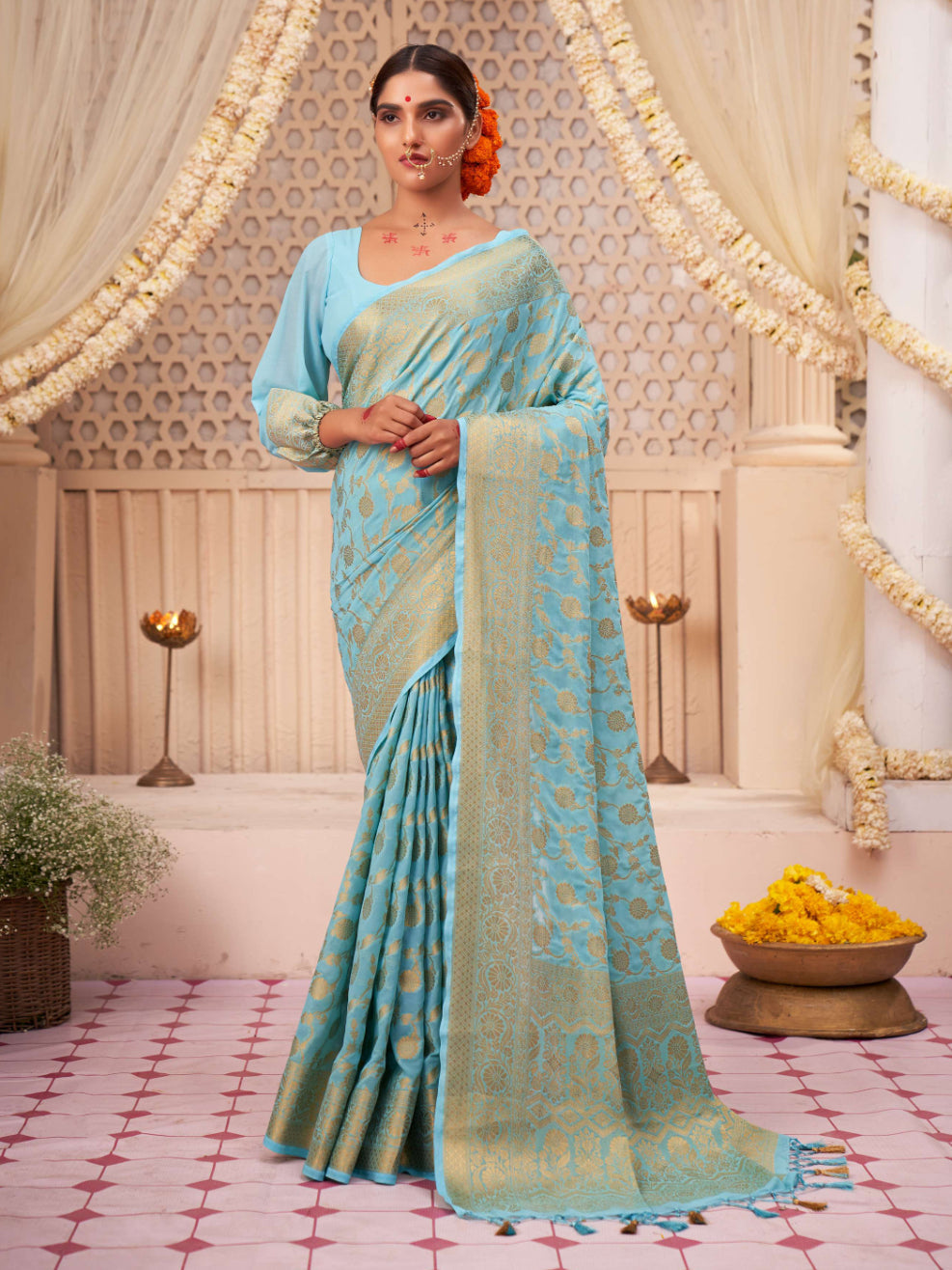 Light Blue Gold Zari Banarasi Khaddi Georgette Saree | House of Vardha