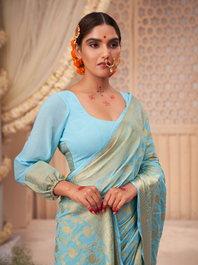 Light Blue Gold Zari Banarasi Khaddi Georgette Saree | House of Vardha