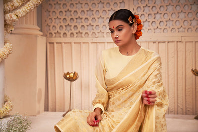 Off-white  Georgette Gold Zari Saree | House of Vardha